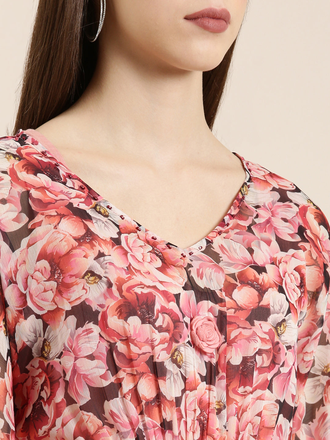 Women's Peach Floral Printed Flared Sleeves Kaftan Kurta