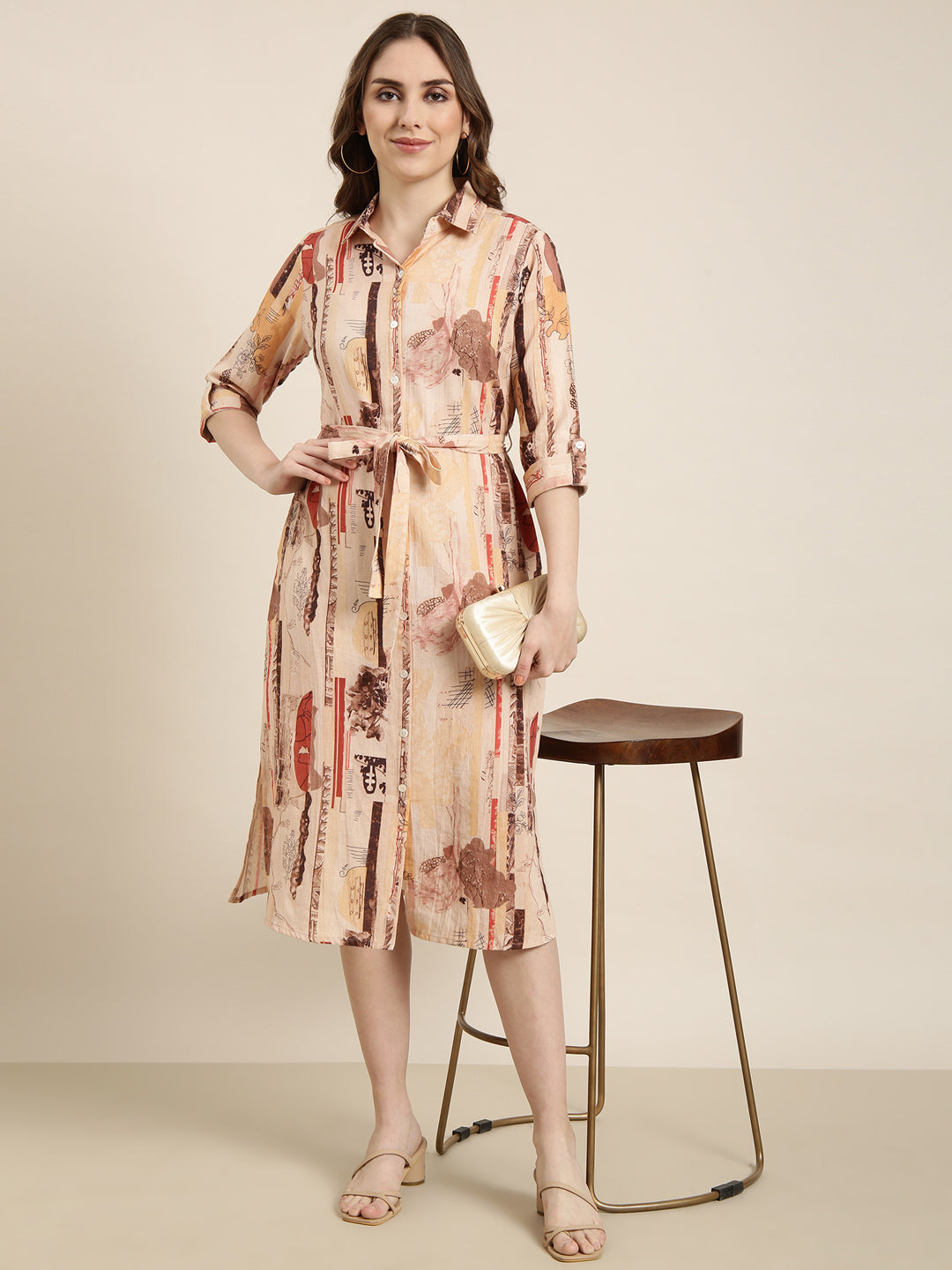 Women Peach Floral Shirt Dress