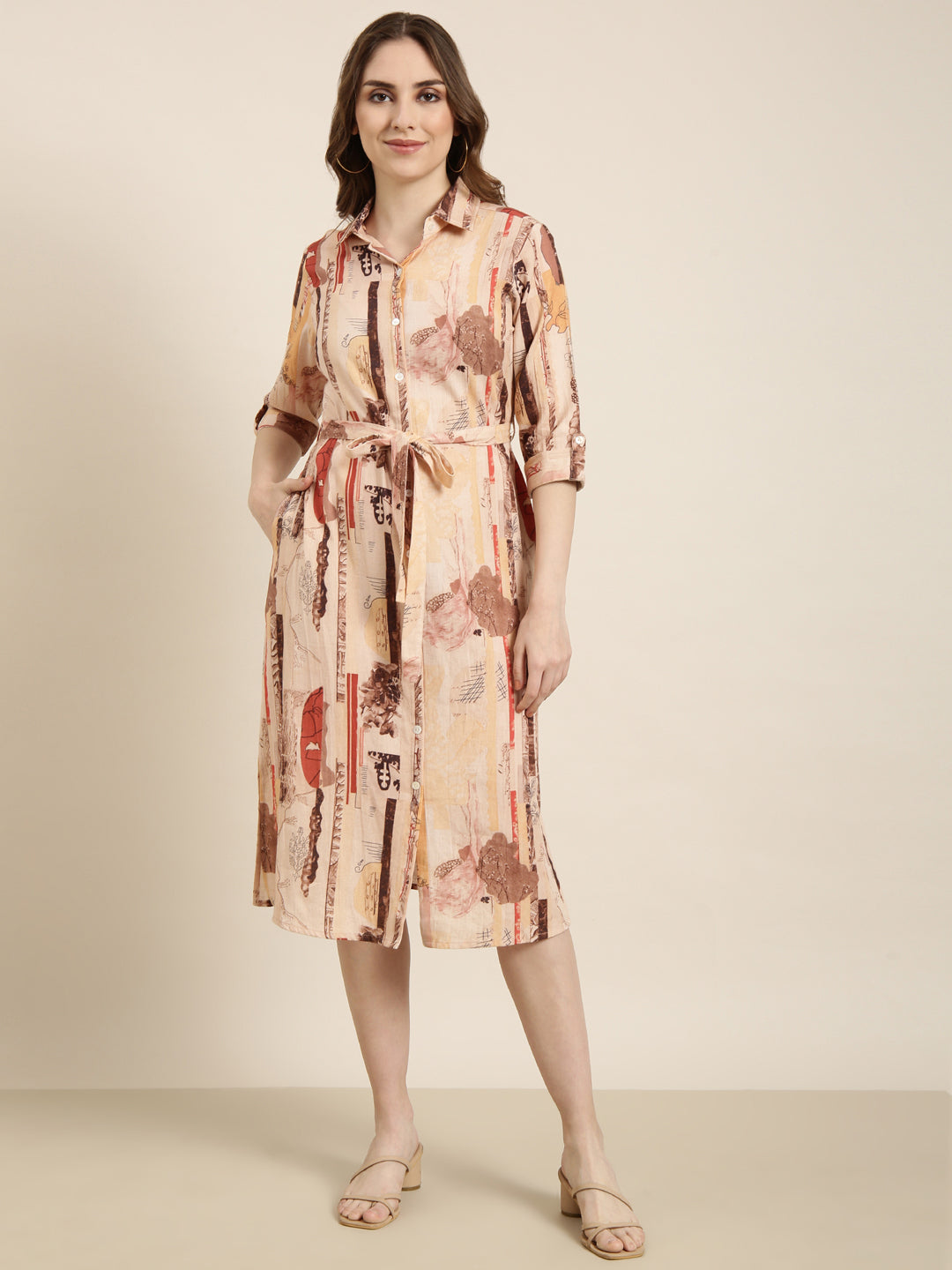 Women Peach Floral Shirt Dress