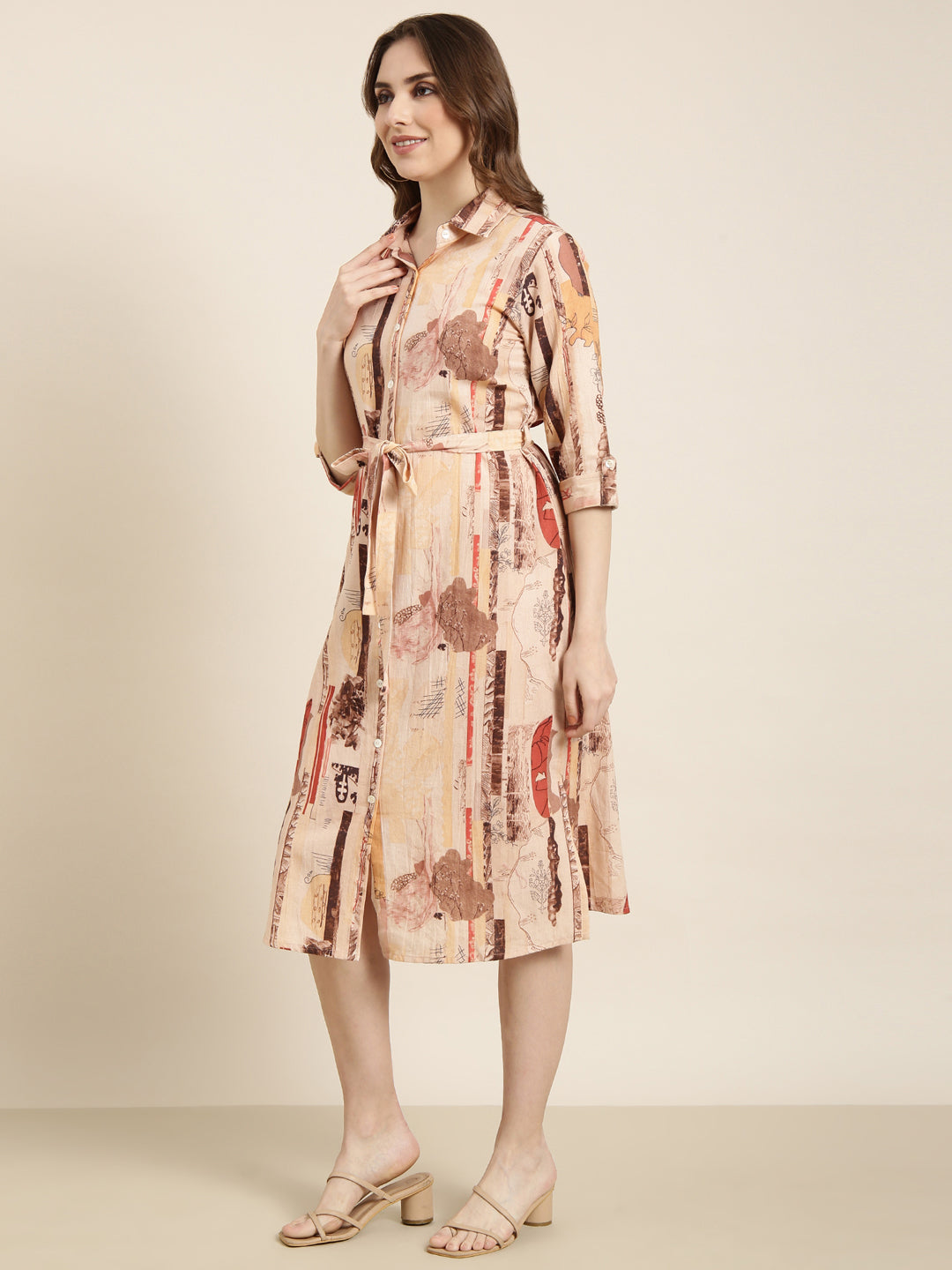 Women Peach Floral Shirt Dress