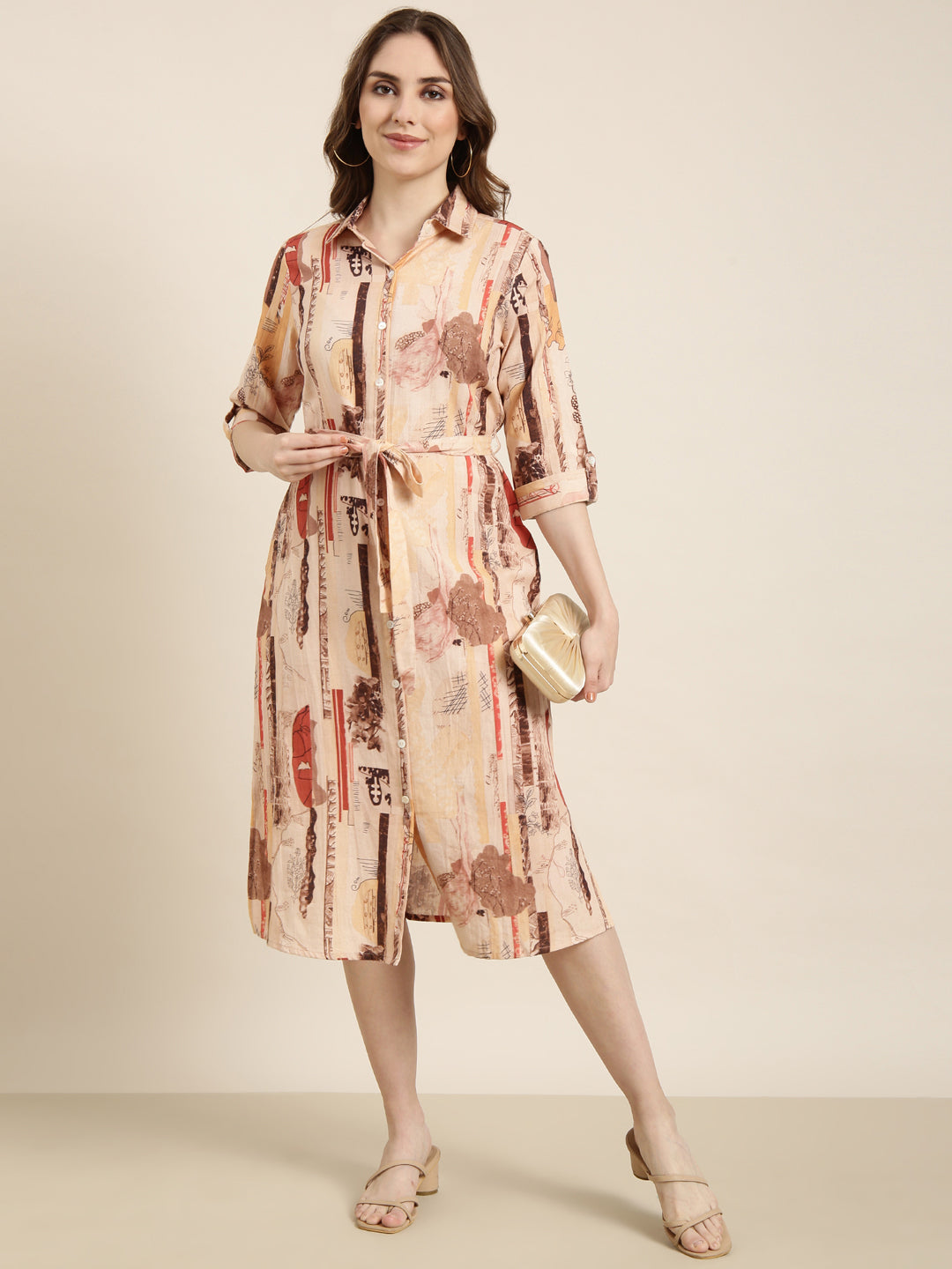 Women Peach Floral Shirt Dress