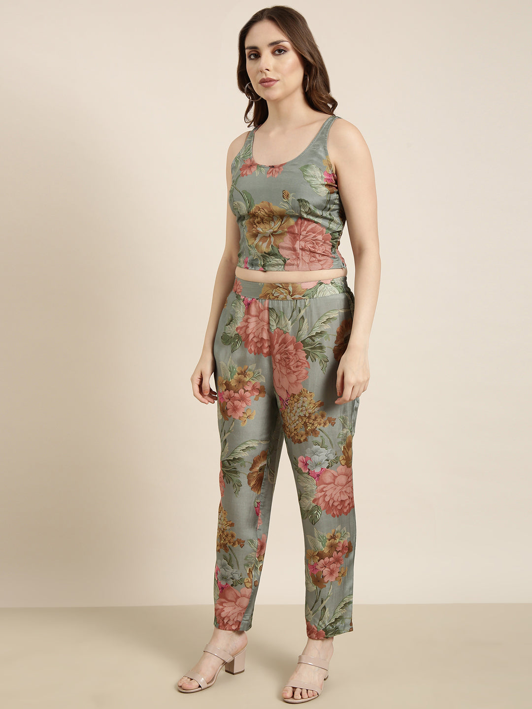 Women Green Printed Top & Trousers Set Comes With Jacket