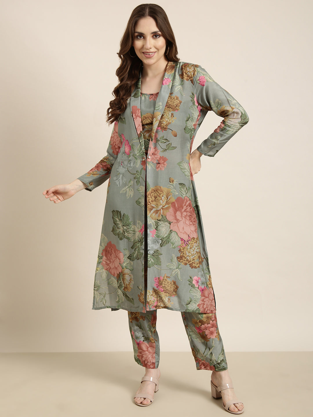 Women Green Printed Top & Trousers Set Comes With Jacket