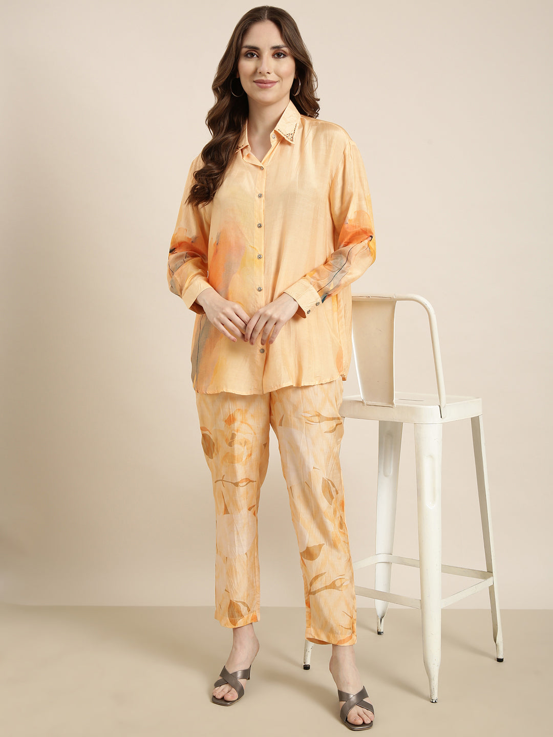 Women Oversized Orange Printed Shirt & Trousers Set