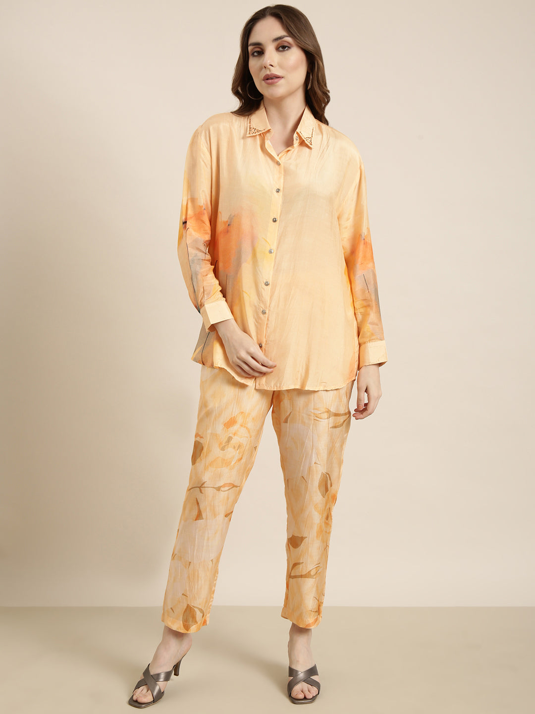 Women Oversized Orange Printed Shirt & Trousers Set