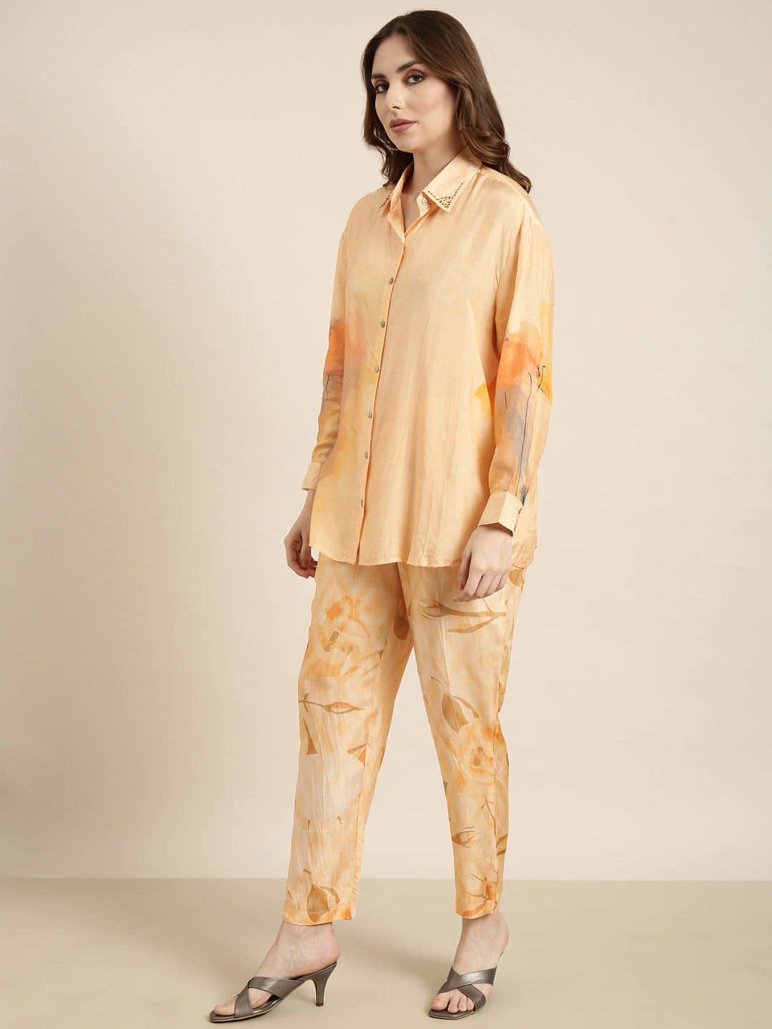 Women Oversized Orange Printed Shirt & Trousers Set