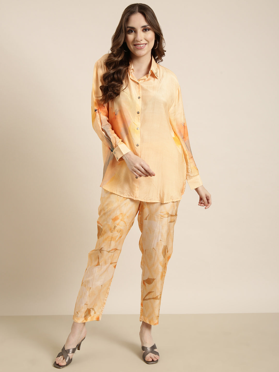 Women Oversized Orange Printed Shirt & Trousers Set