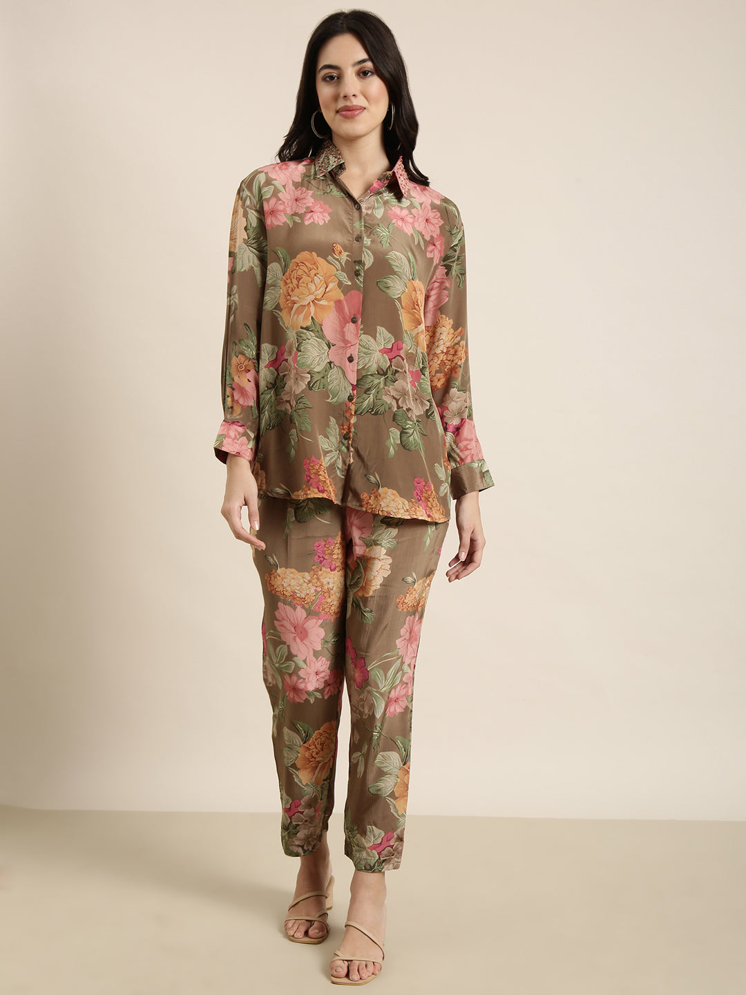 Women Oversized Green Printed Shirt & Trousers Set