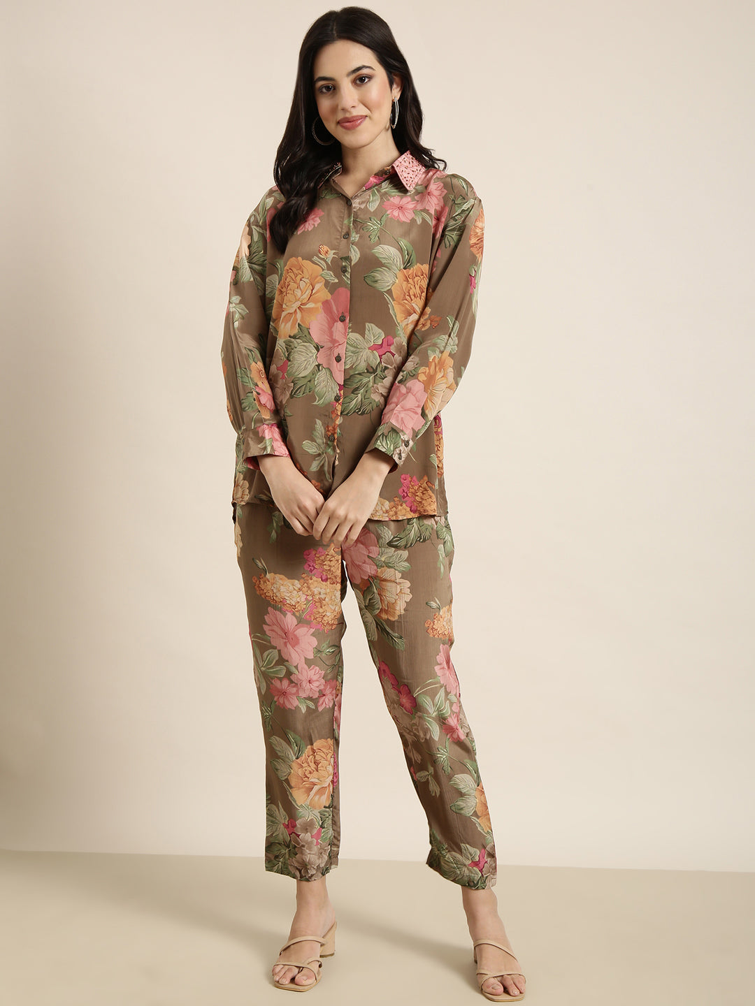 Women Oversized Green Printed Shirt & Trousers Set