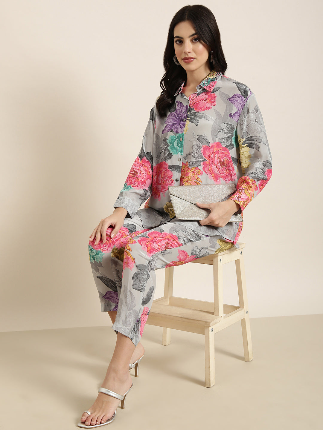 Women Oversized Grey Printed Shirt & Trousers Set