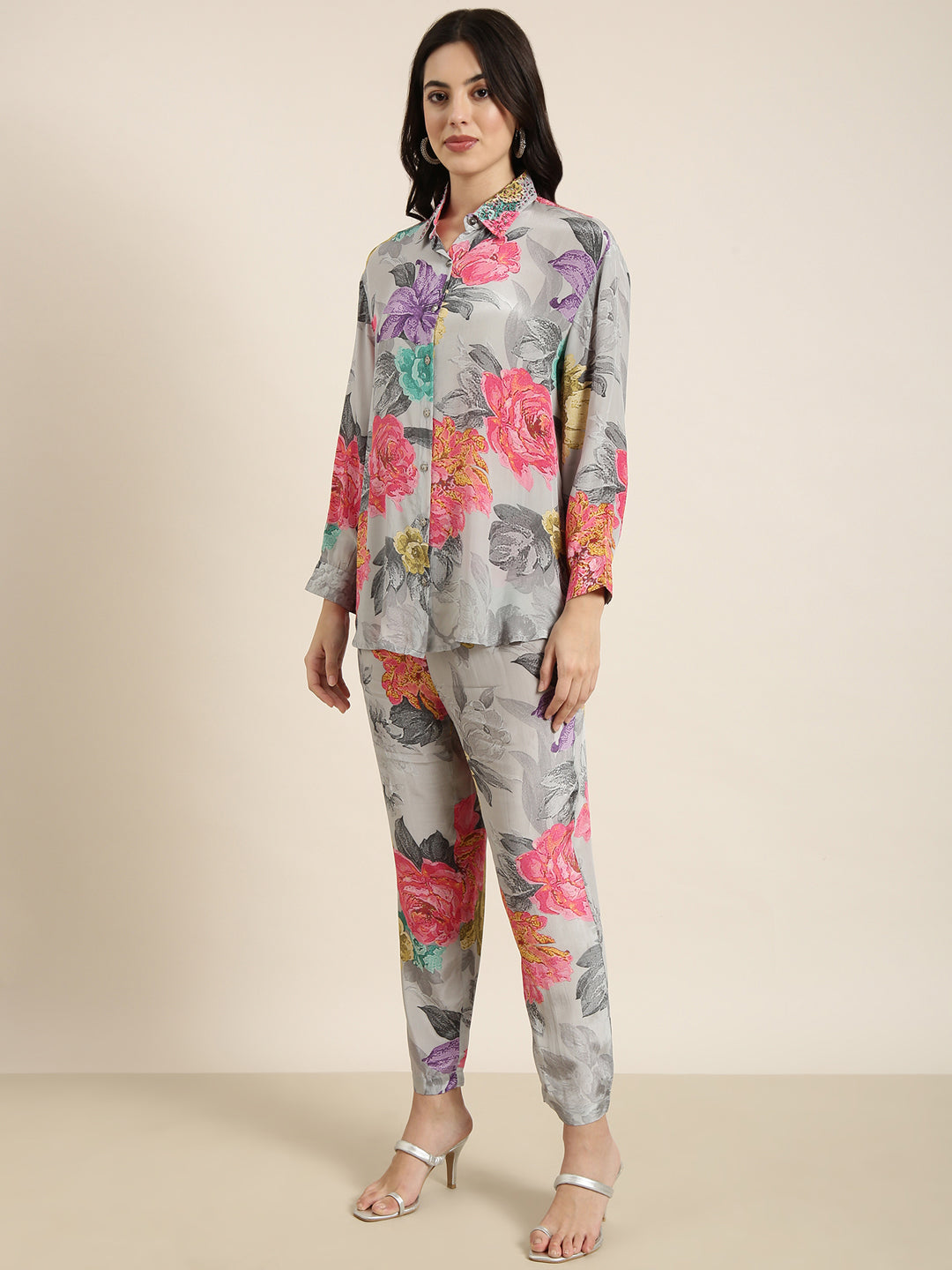 Women Oversized Grey Printed Shirt & Trousers Set