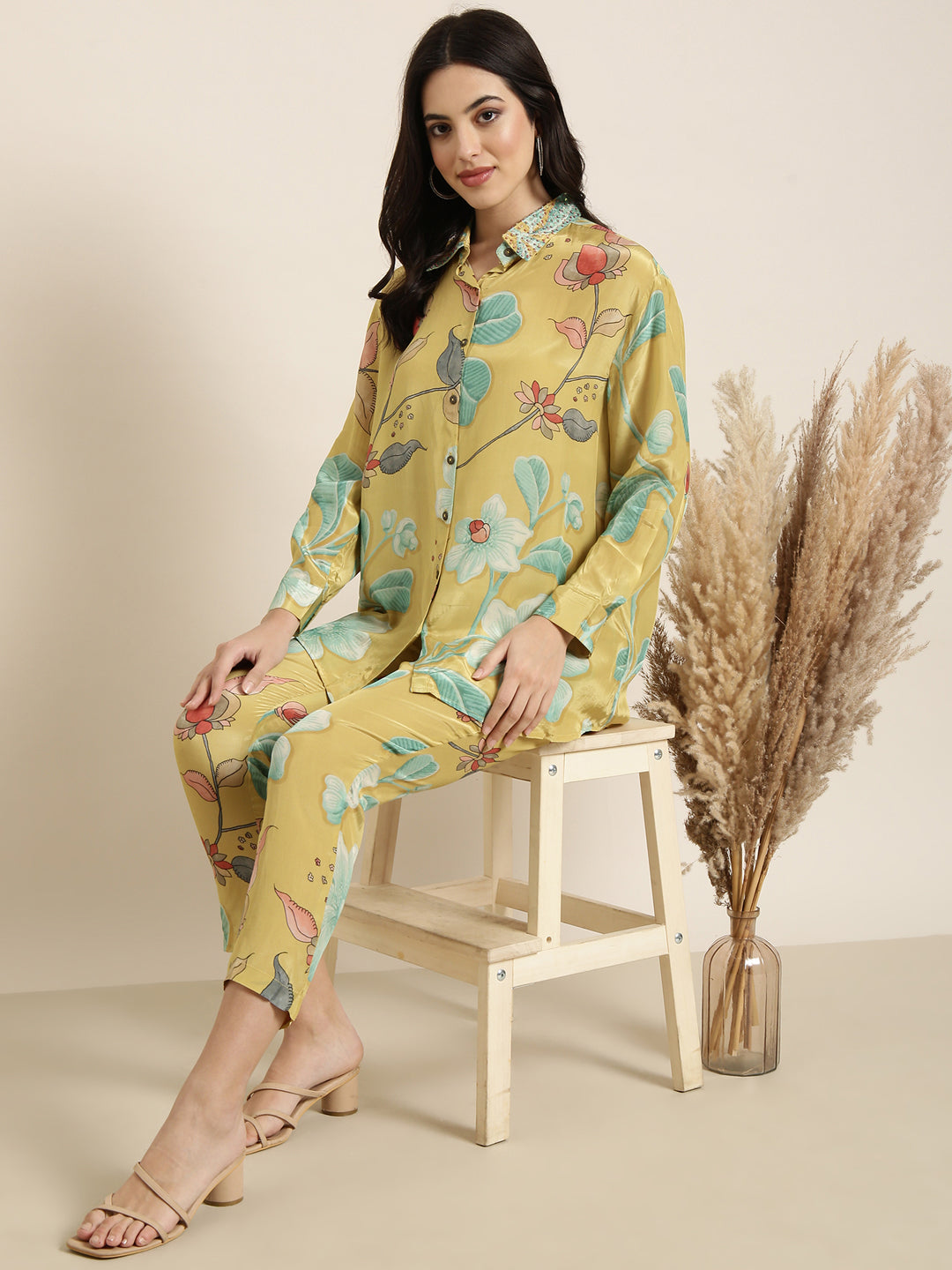 Women Green Printed Shirt & Trousers Set