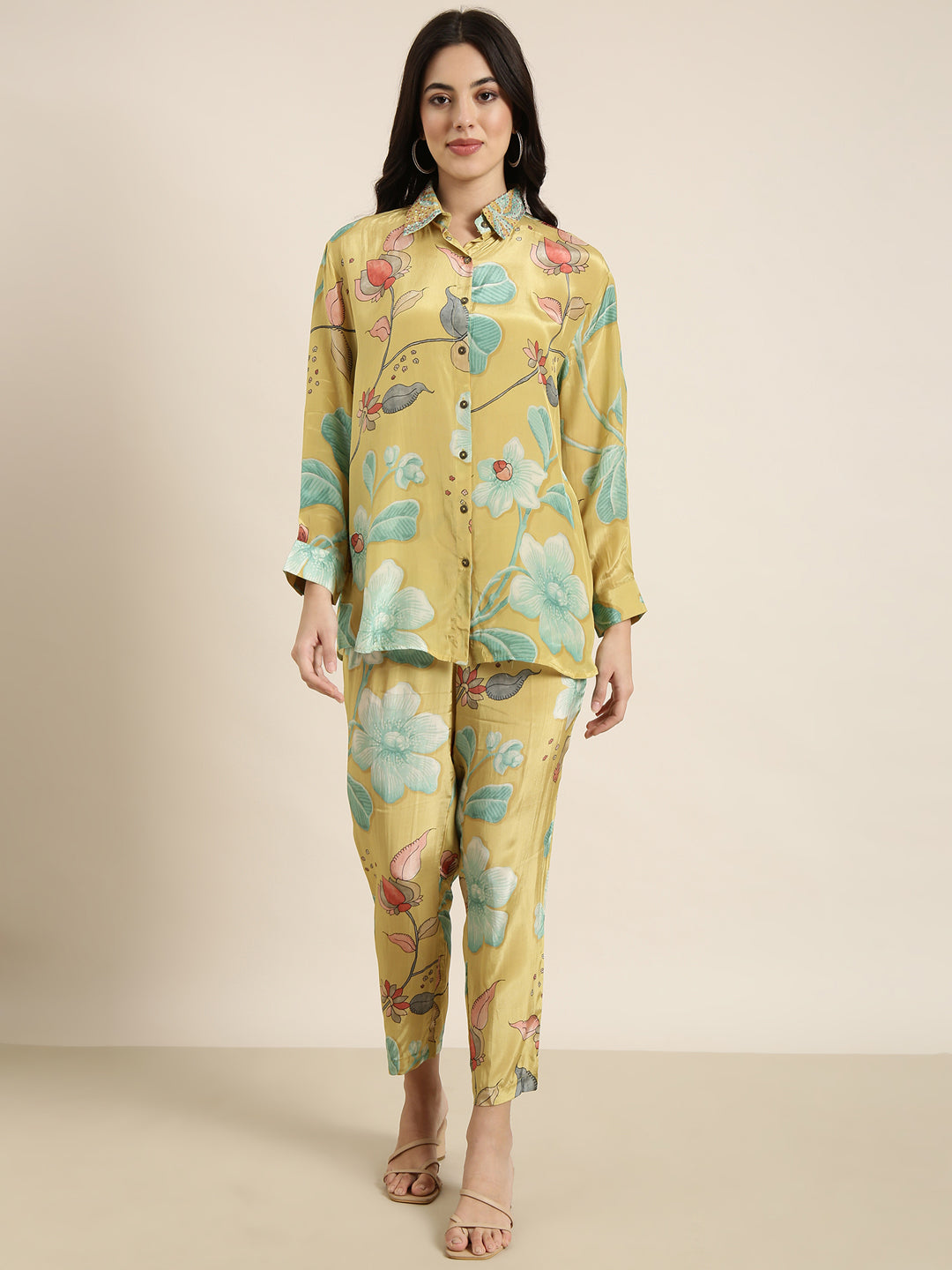 Women Green Printed Shirt & Trousers Set