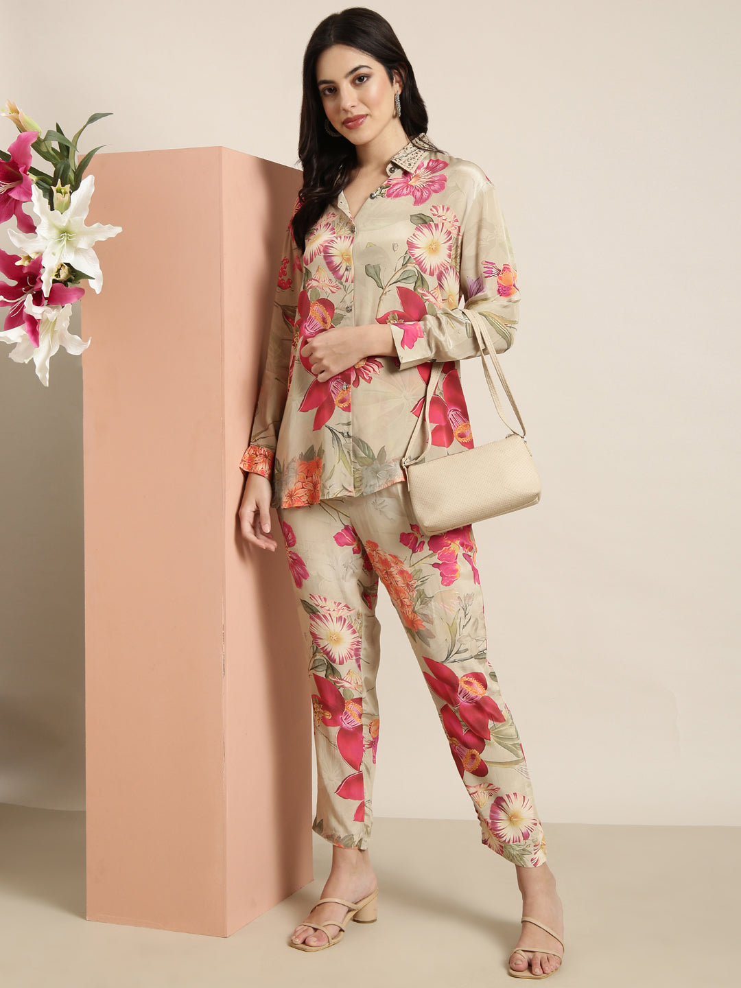 Women Oversized Beige Printed Shirt & Trousers Set