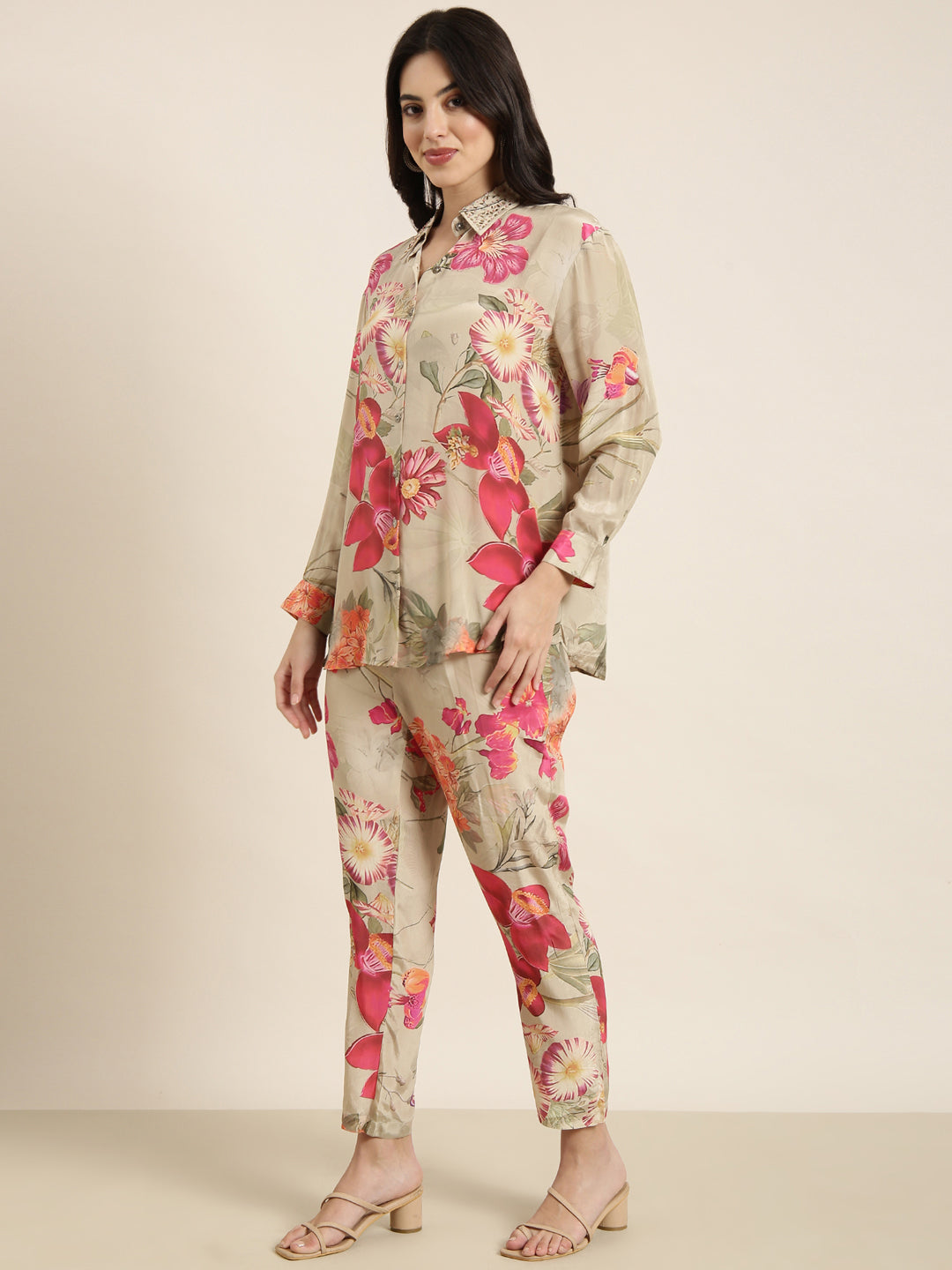 Women Oversized Beige Printed Shirt & Trousers Set