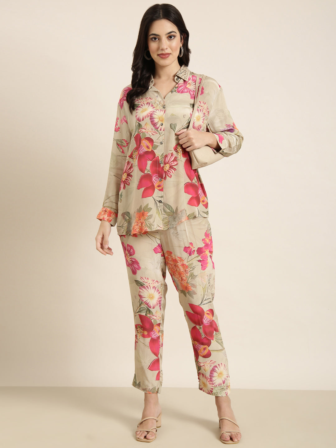 Women Oversized Beige Printed Shirt & Trousers Set