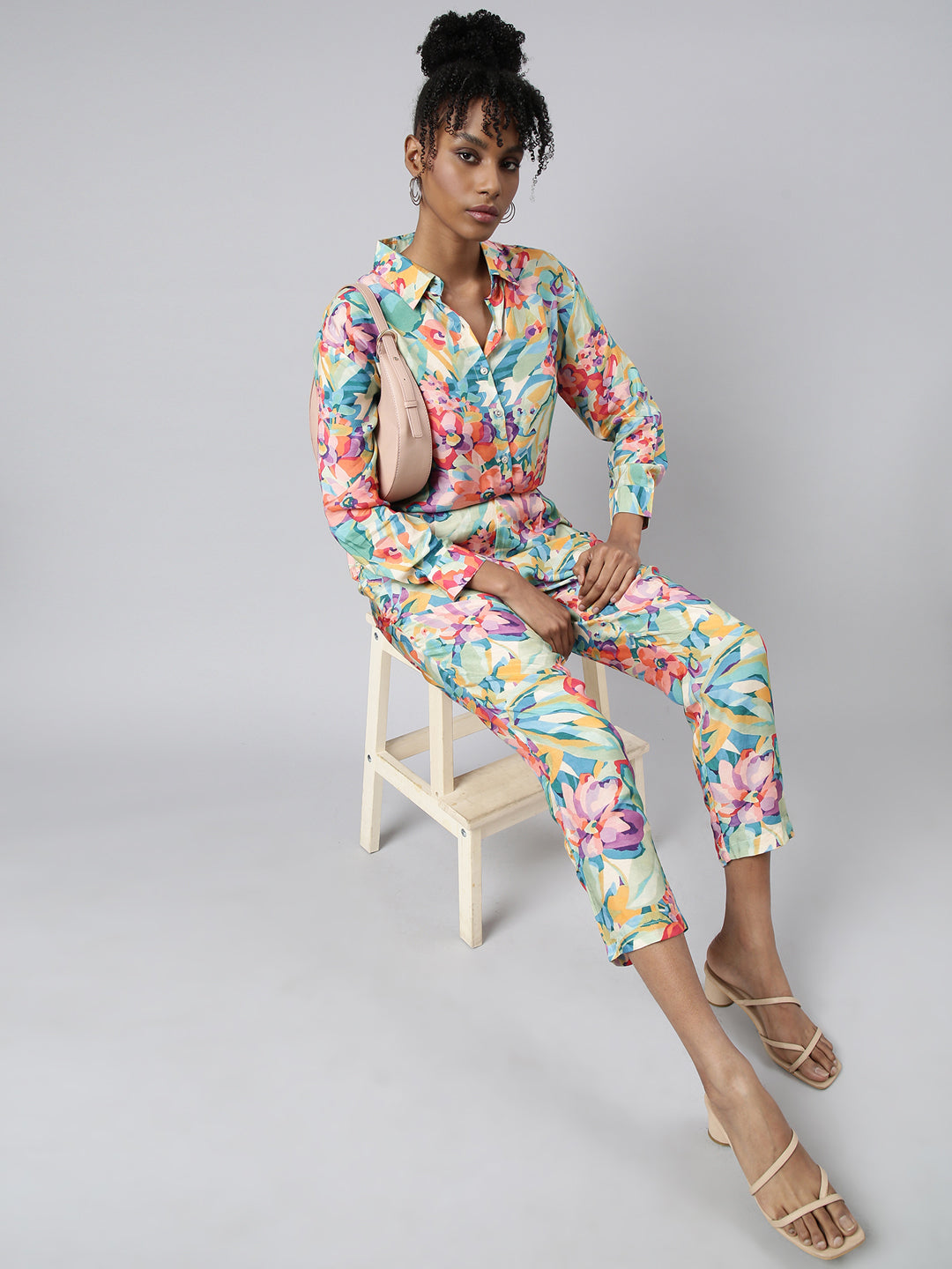 Women Oversized Turquoise Blue Printed Shirt & Trousers Set