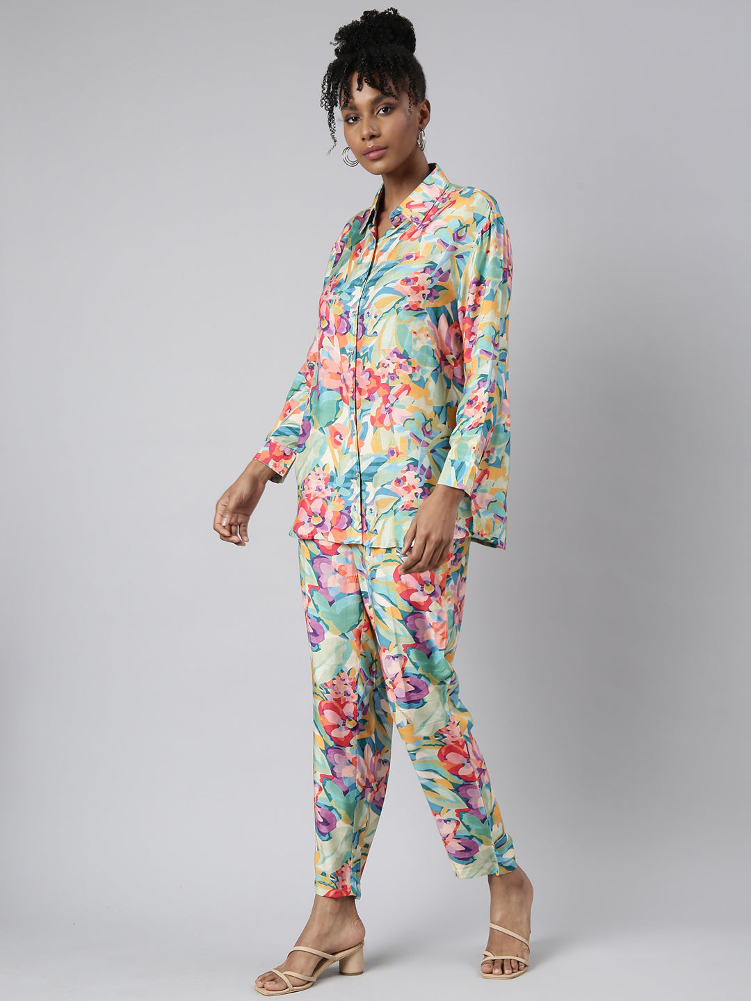 Women Oversized Turquoise Blue Printed Shirt & Trousers Set