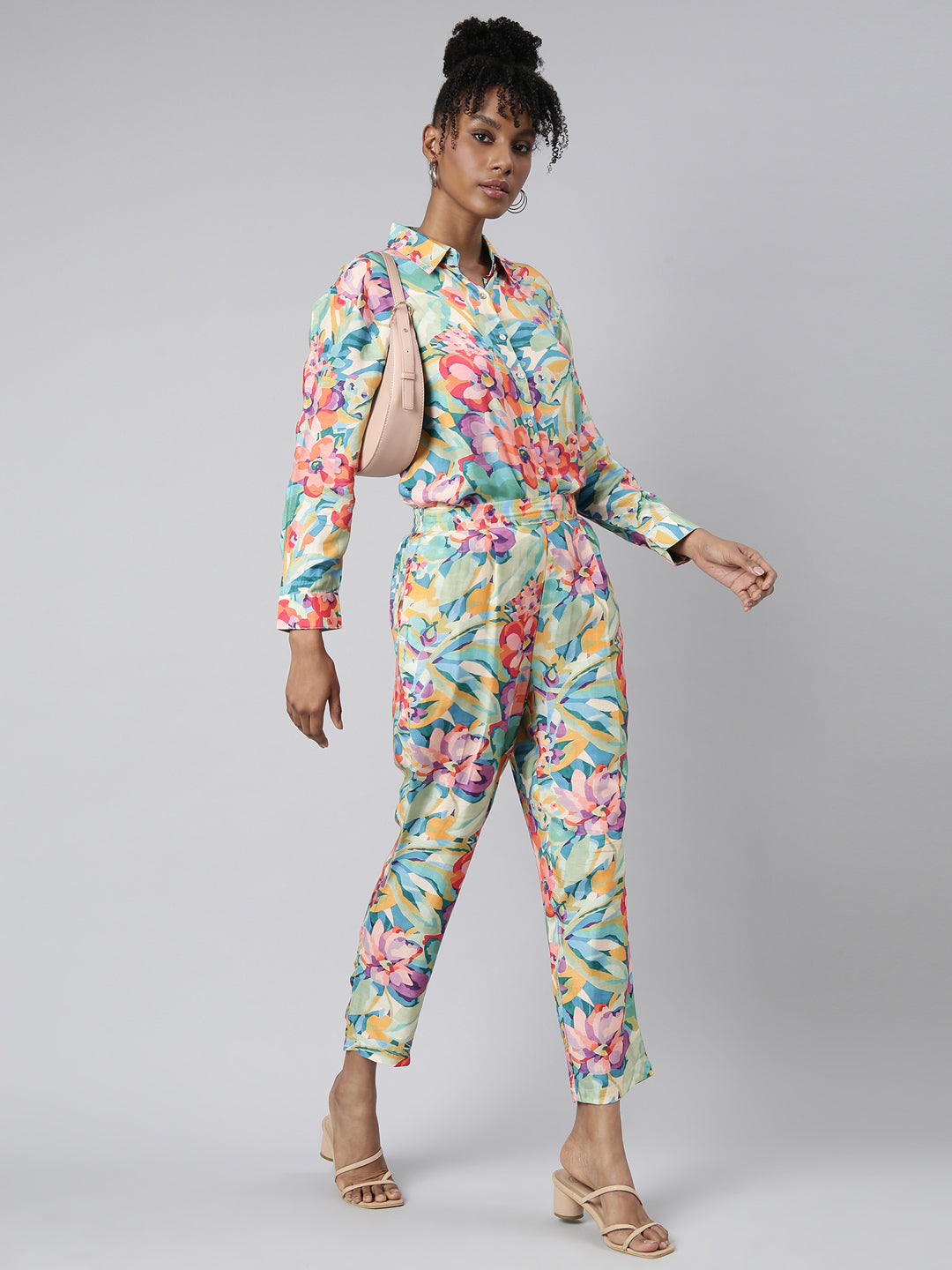 Women Oversized Turquoise Blue Printed Shirt & Trousers Set