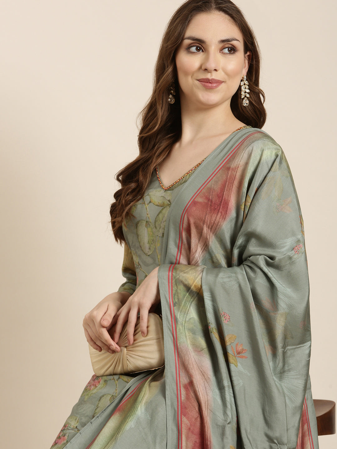 Women's Straight Ethnic Green Floral Kurta Sets with Trousers & Dupatta