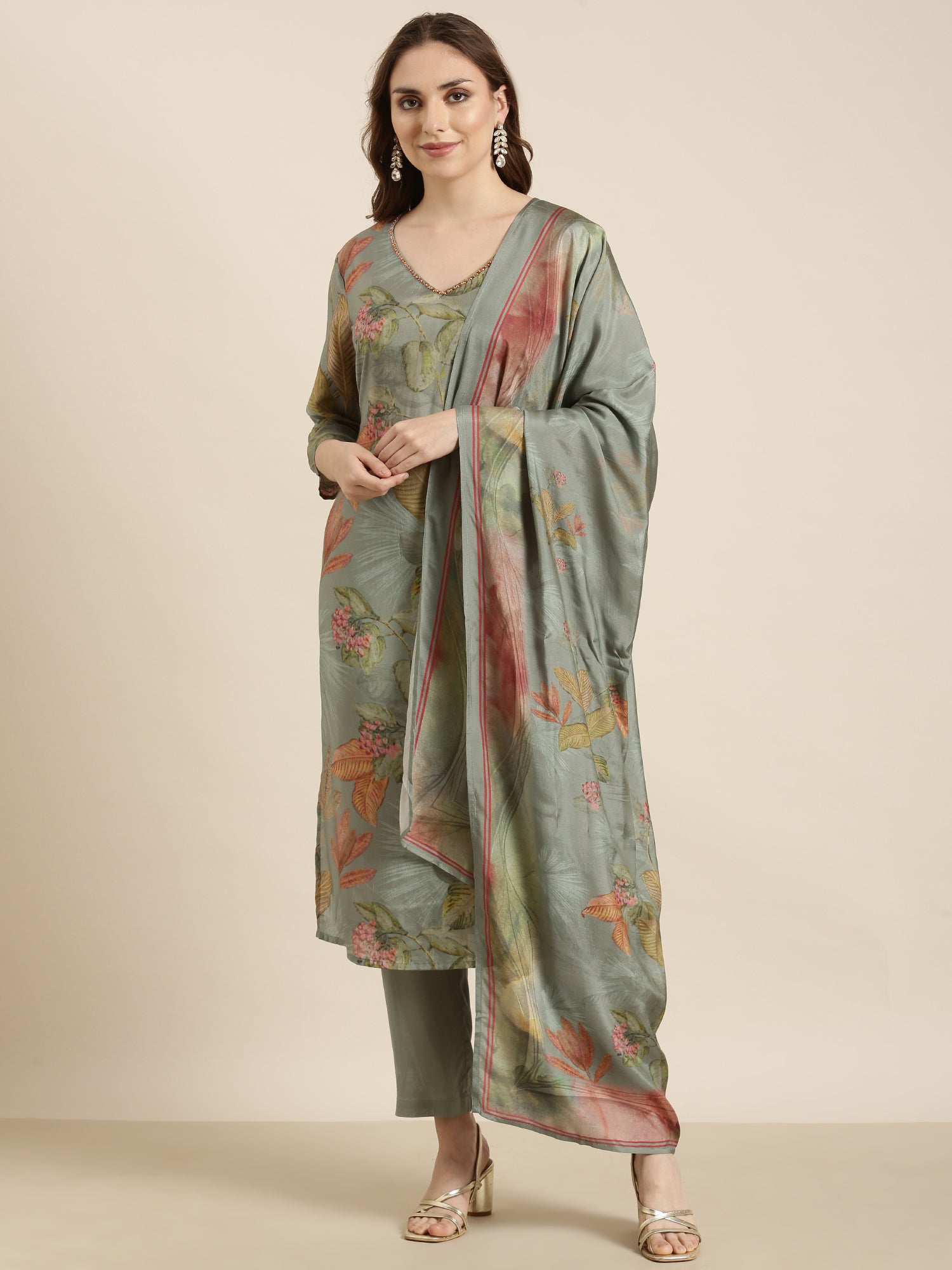 Women's Straight Ethnic Green Floral Kurta Sets with Trousers & Dupatta