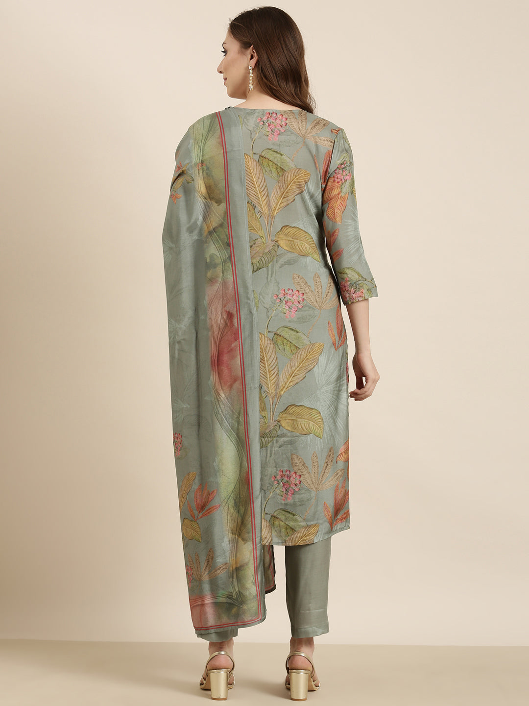 Women's Straight Ethnic Green Floral Kurta Sets with Trousers & Dupatta