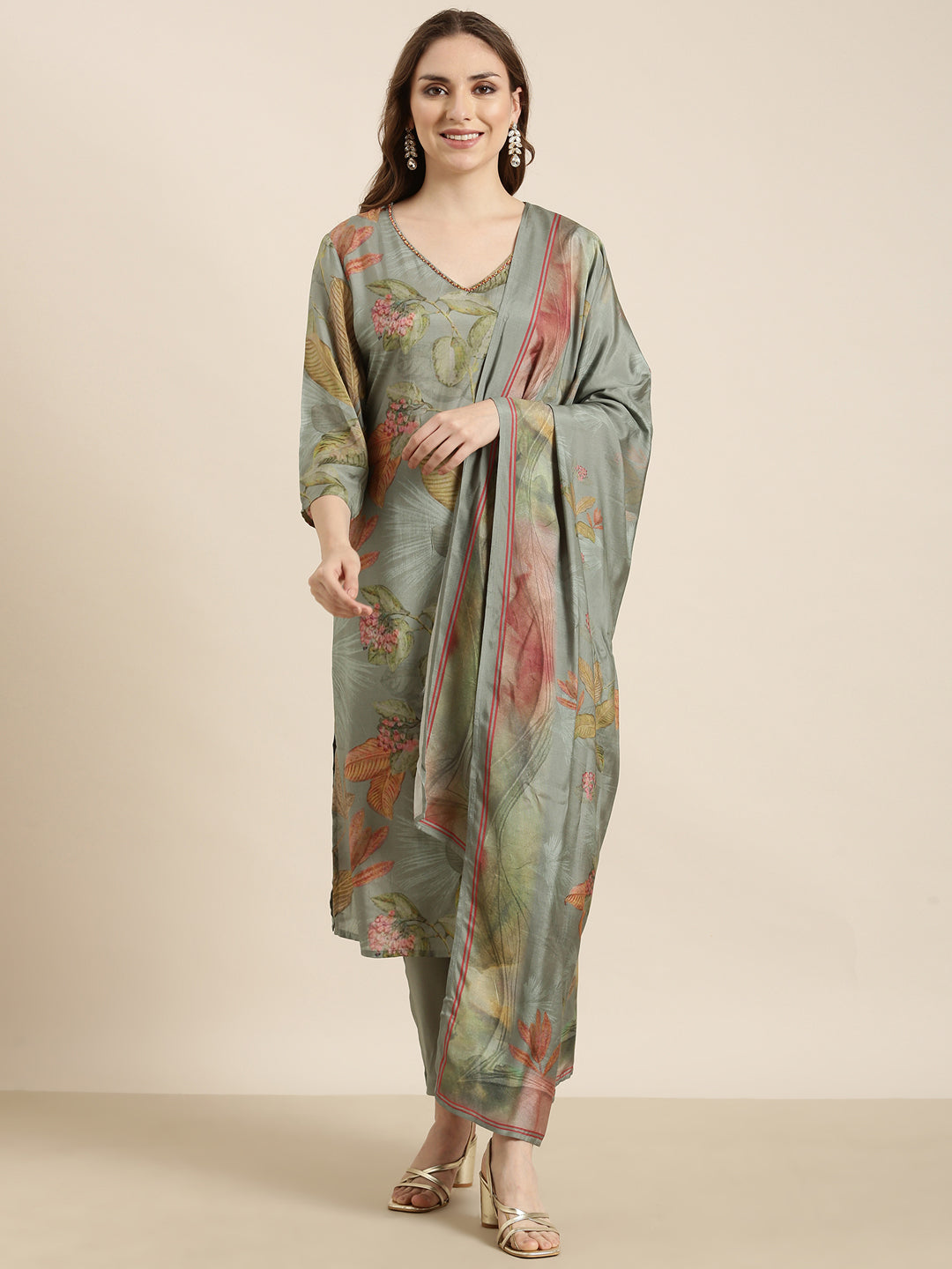Women's Straight Ethnic Green Floral Kurta Sets with Trousers & Dupatta