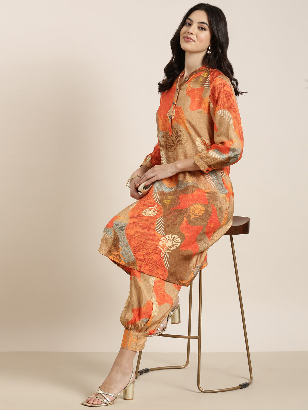 Women A-Line Orange Floral Kurta and Patiala Set