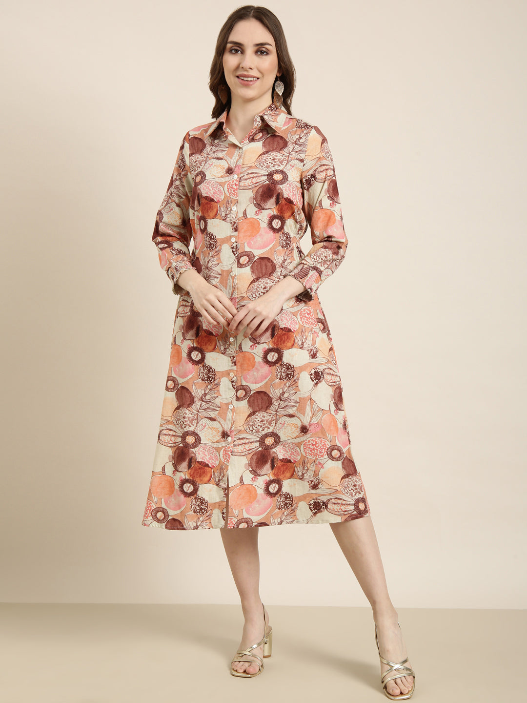 Women Brown Floral Shirt Dress