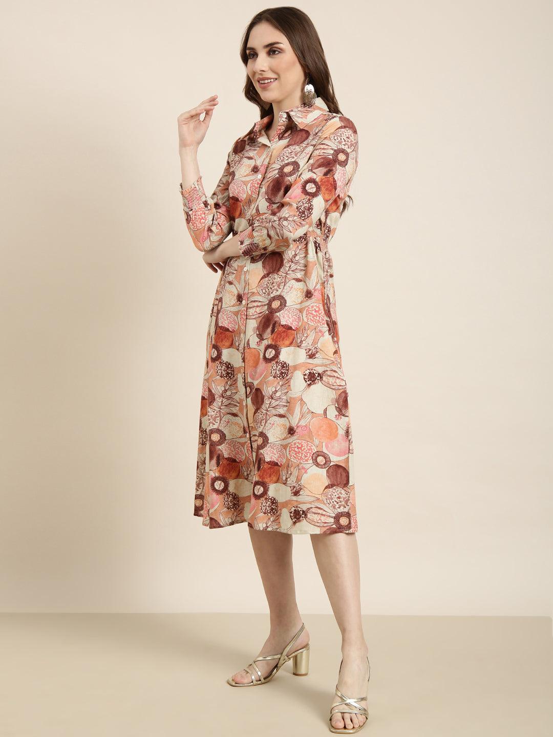 Women Brown Floral Shirt Dress