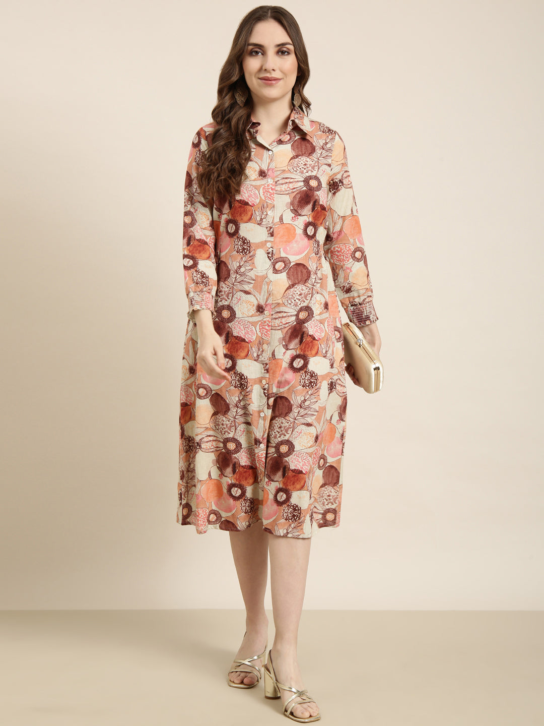 Women Brown Floral Shirt Dress