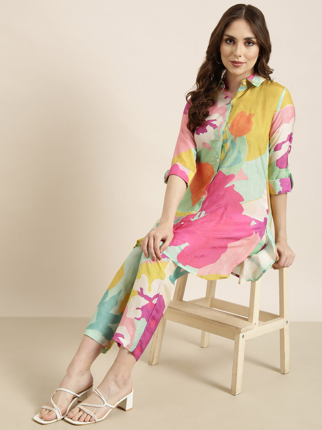 Women Green Printed Tunic & Trousers Set