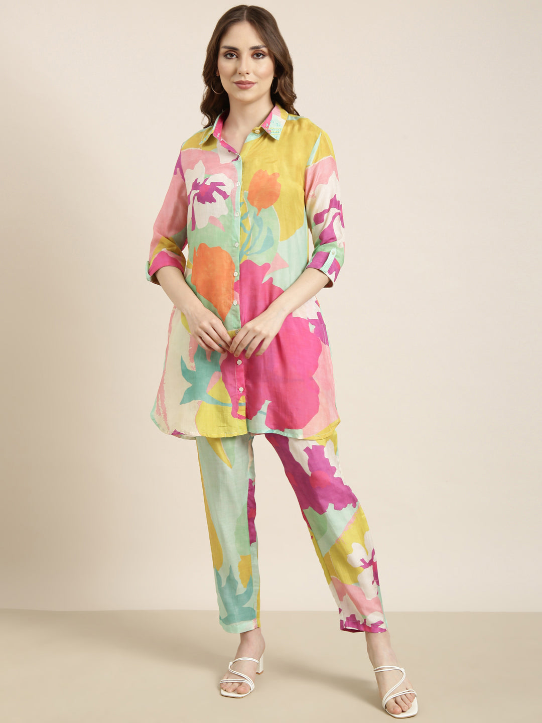 Women Green Printed Tunic & Trousers Set