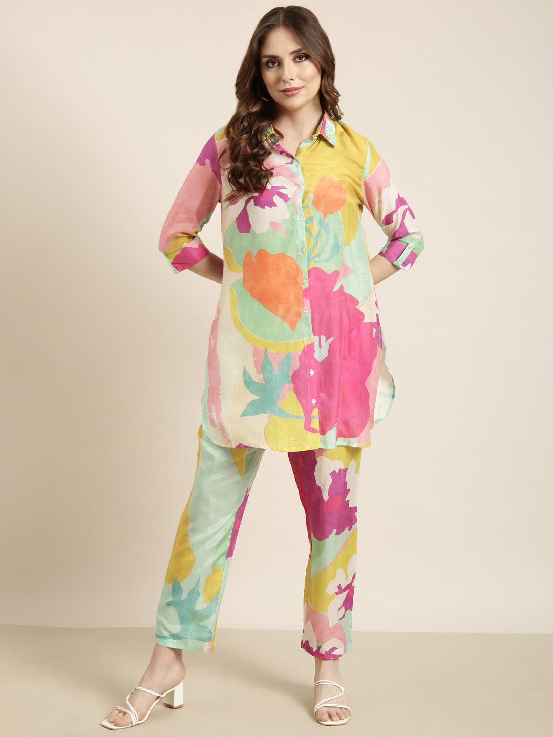 Women Green Printed Tunic & Trousers Set