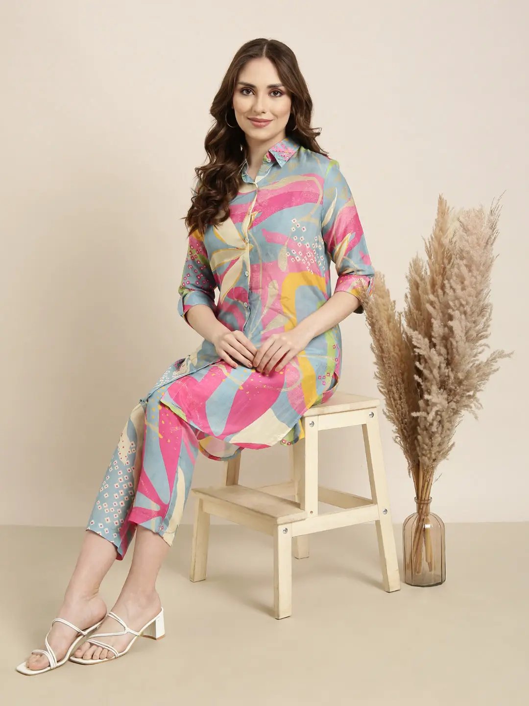 Women's Multi Floral Printed Beaded Rollup Sleeves Tunic & Trousers Set