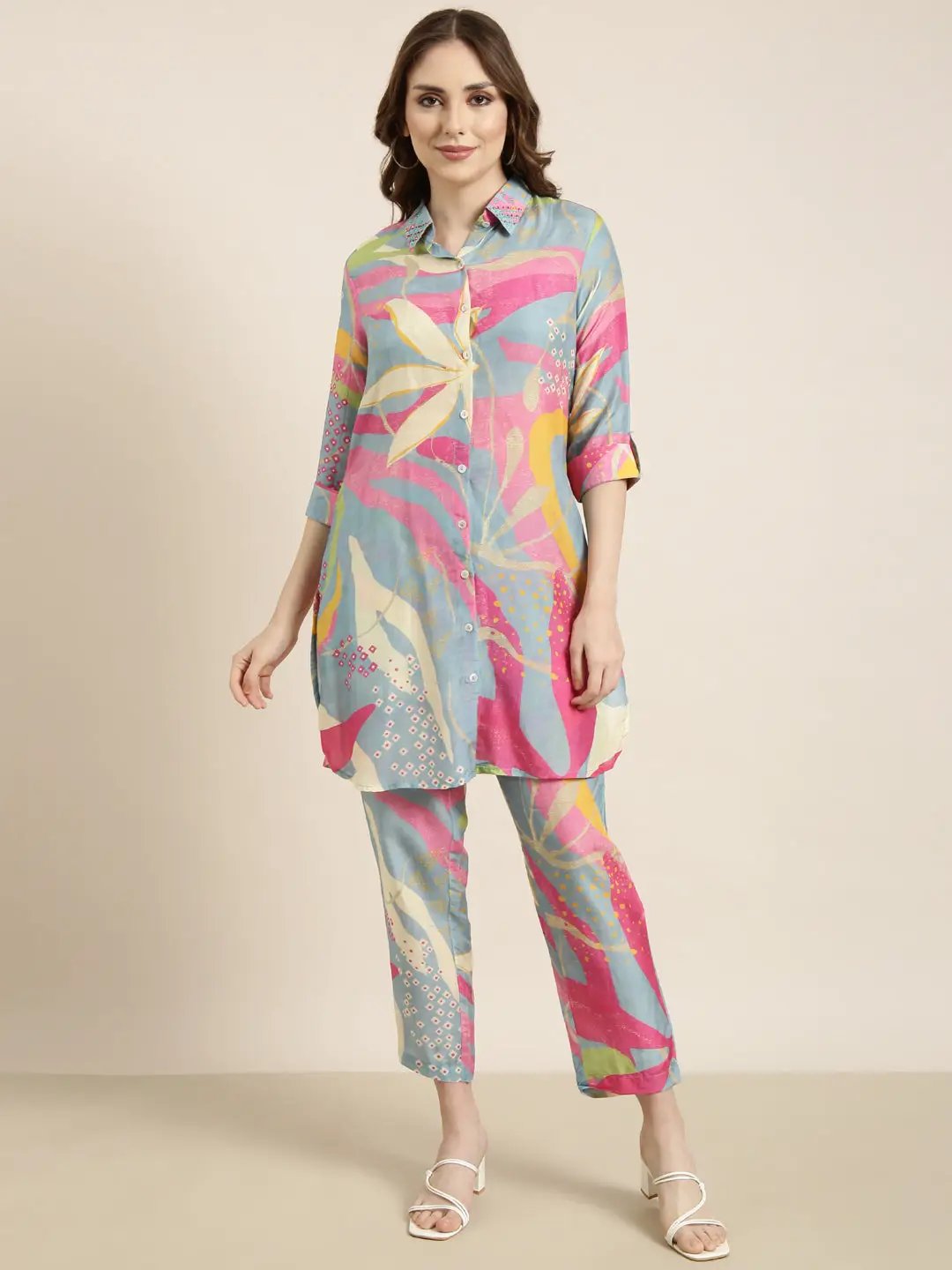 Women's Multi Floral Printed Beaded Rollup Sleeves Tunic & Trousers Set