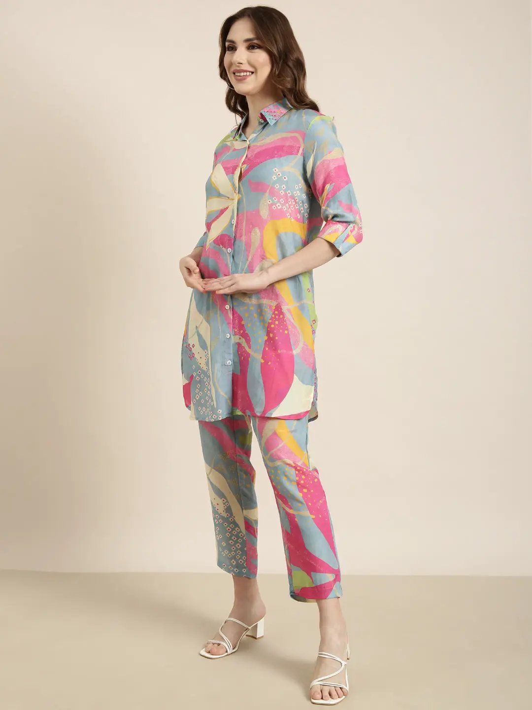 Women's Multi Floral Printed Beaded Rollup Sleeves Tunic & Trousers Set