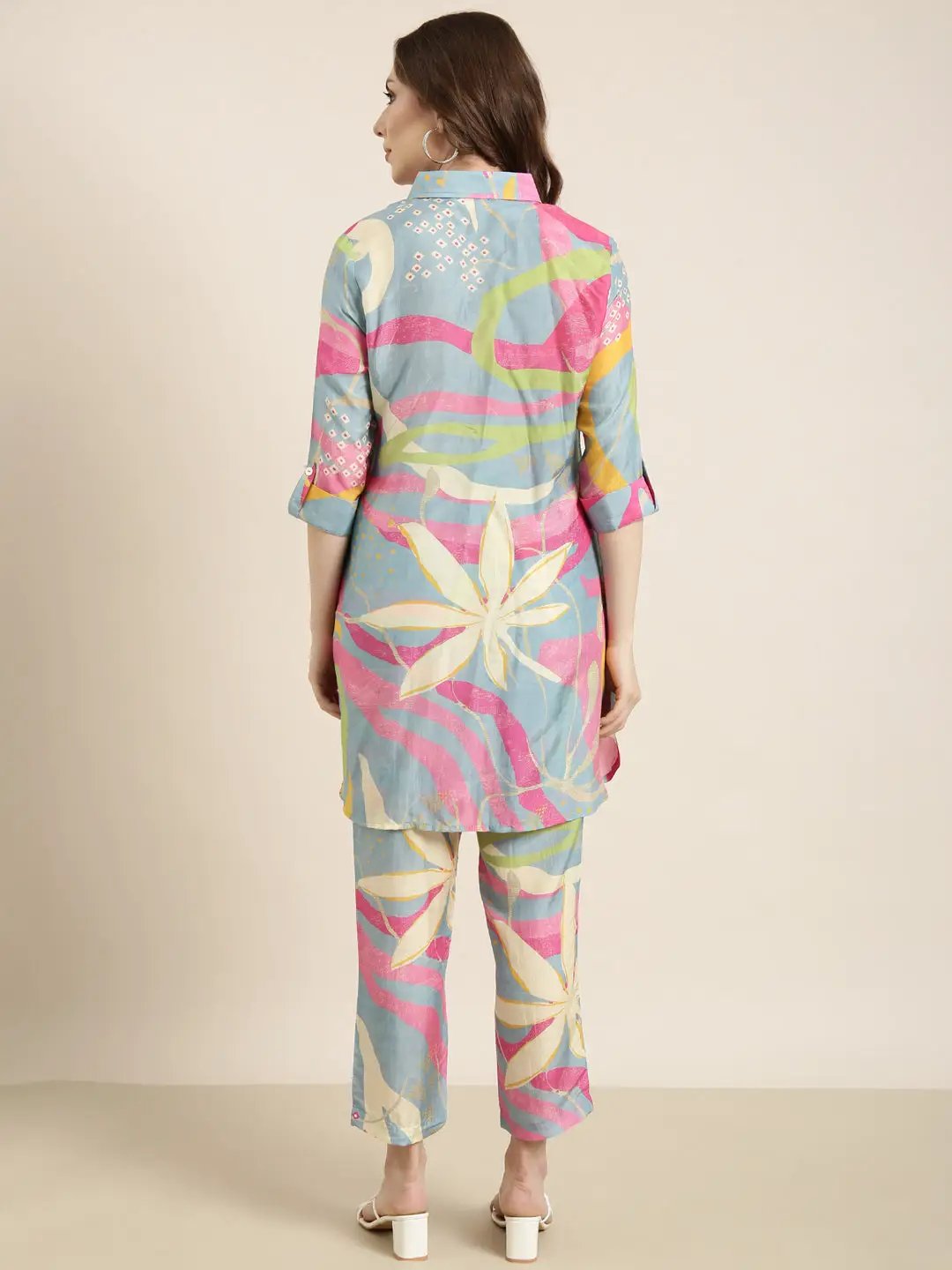 Women's Multi Floral Printed Beaded Rollup Sleeves Tunic & Trousers Set