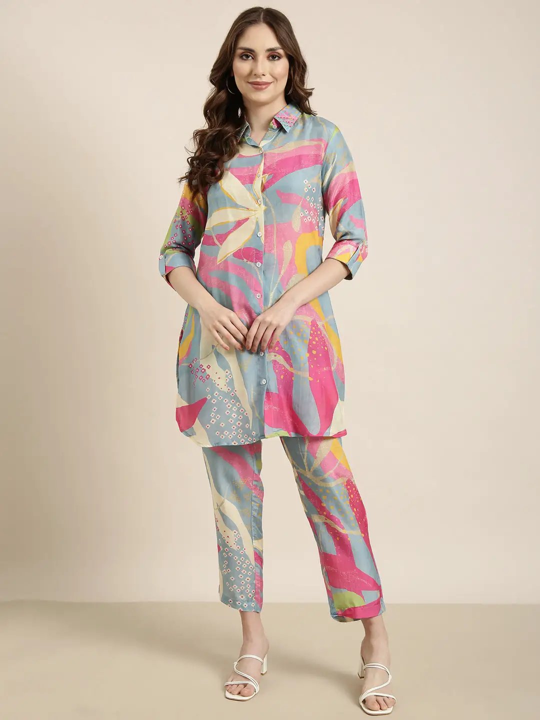 Women's Multi Floral Printed Beaded Rollup Sleeves Tunic & Trousers Set