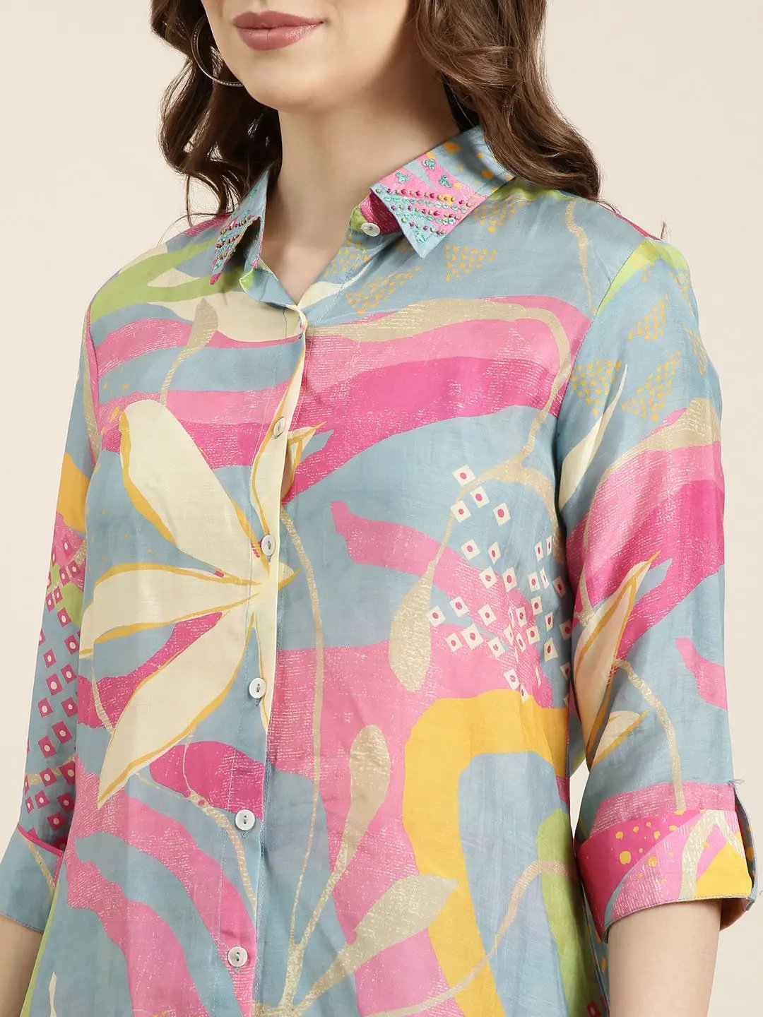 Women's Multi Floral Printed Beaded Rollup Sleeves Tunic & Trousers Set