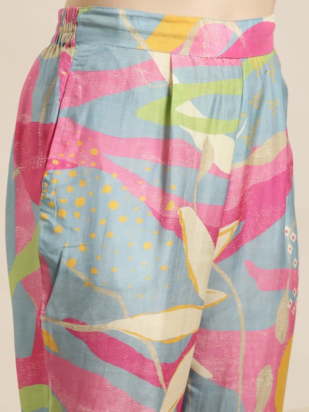 Women's Multi Floral Printed Beaded Rollup Sleeves Tunic & Trousers Set