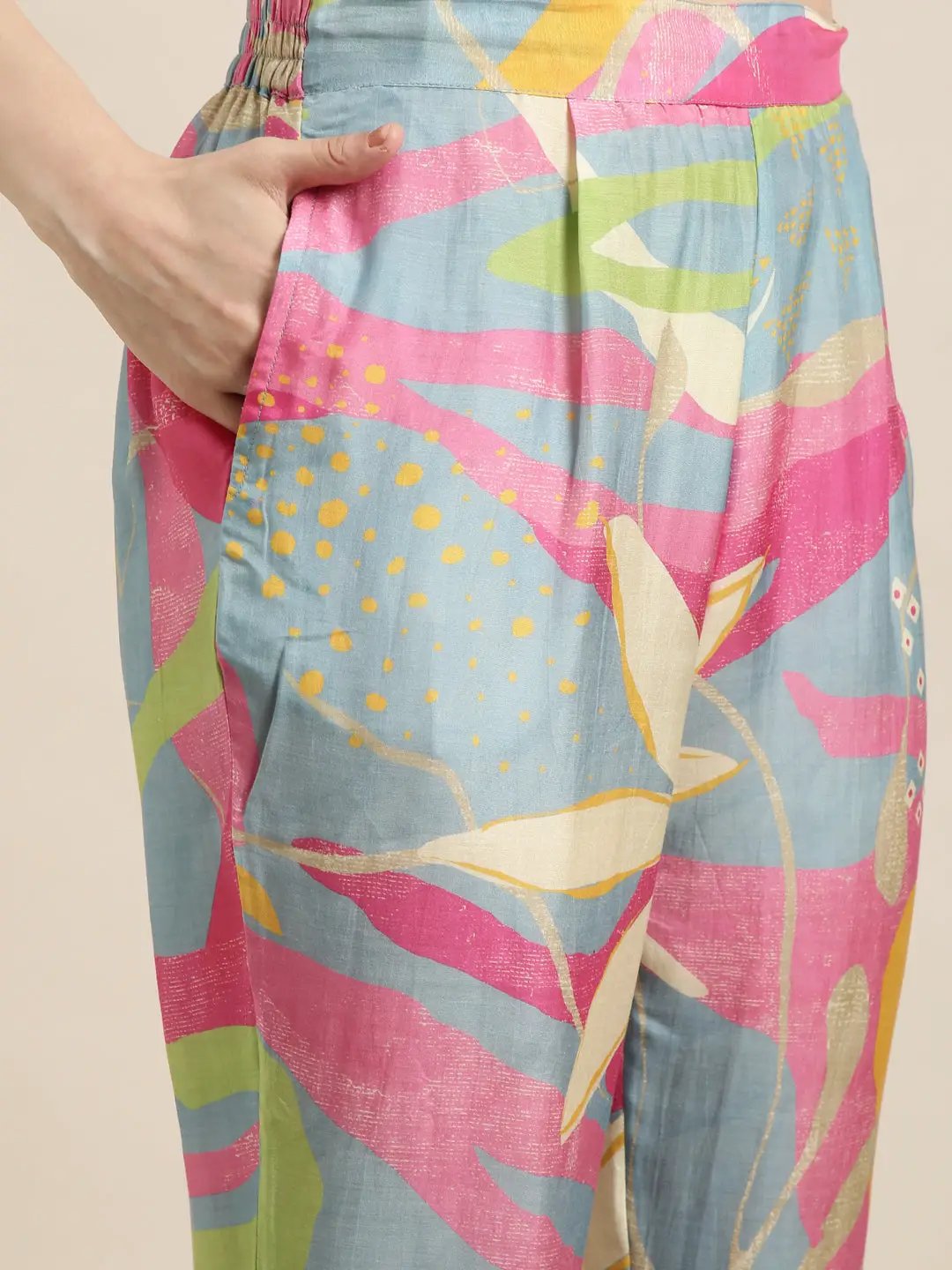 Women's Multi Floral Printed Beaded Rollup Sleeves Tunic & Trousers Set