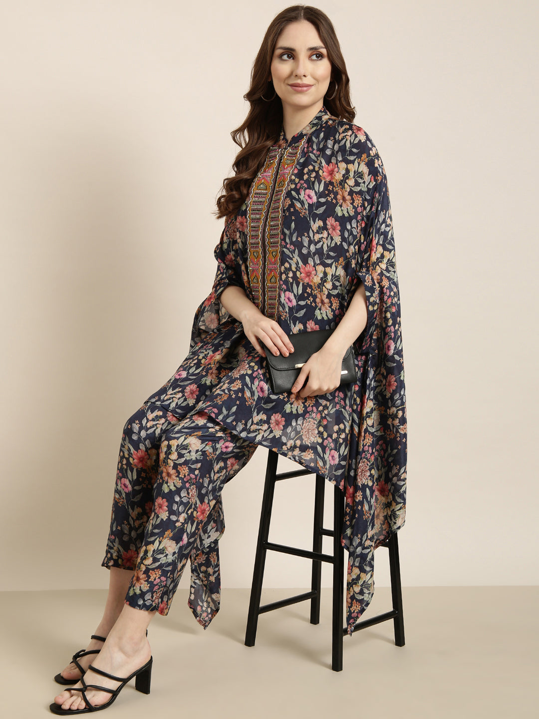Women's Blue Floral Printed Kaftan Kurta Set