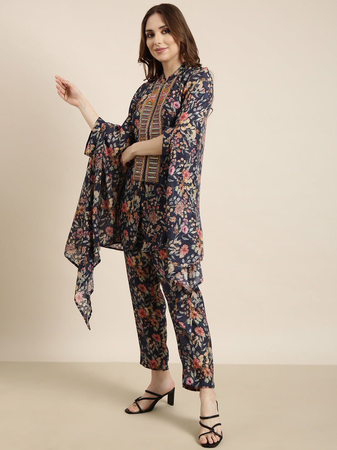 Women's Blue Floral Printed Kaftan Kurta Set
