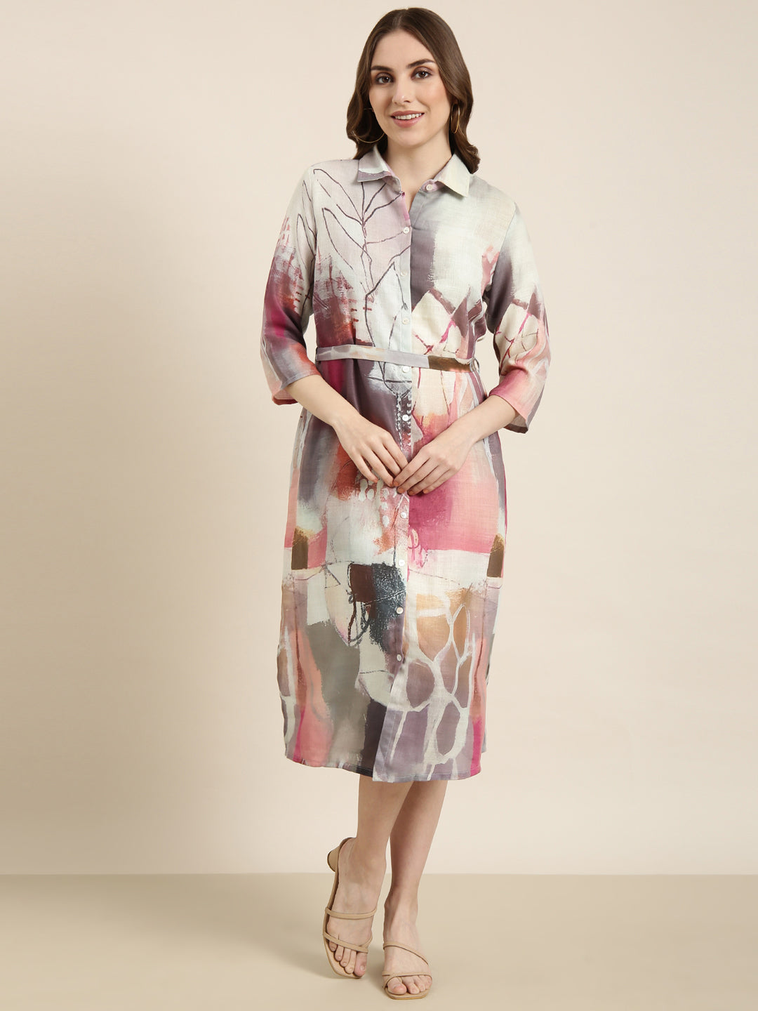 Women Sea Green Abstract Shirt Dress