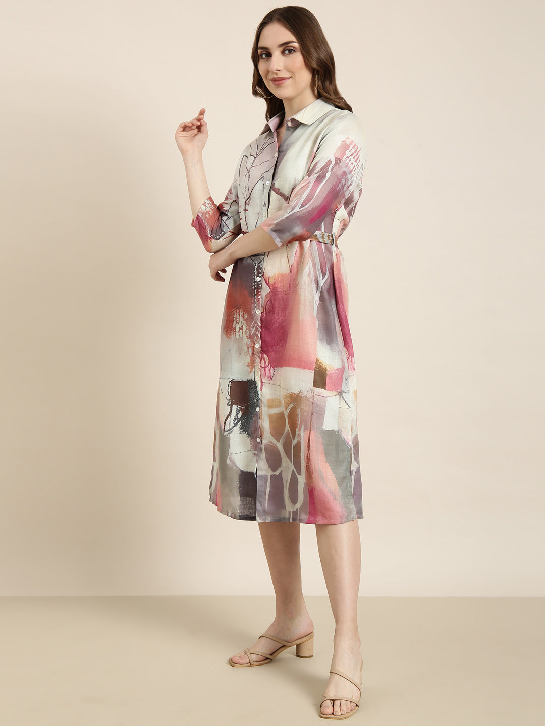 Women Sea Green Abstract Shirt Dress