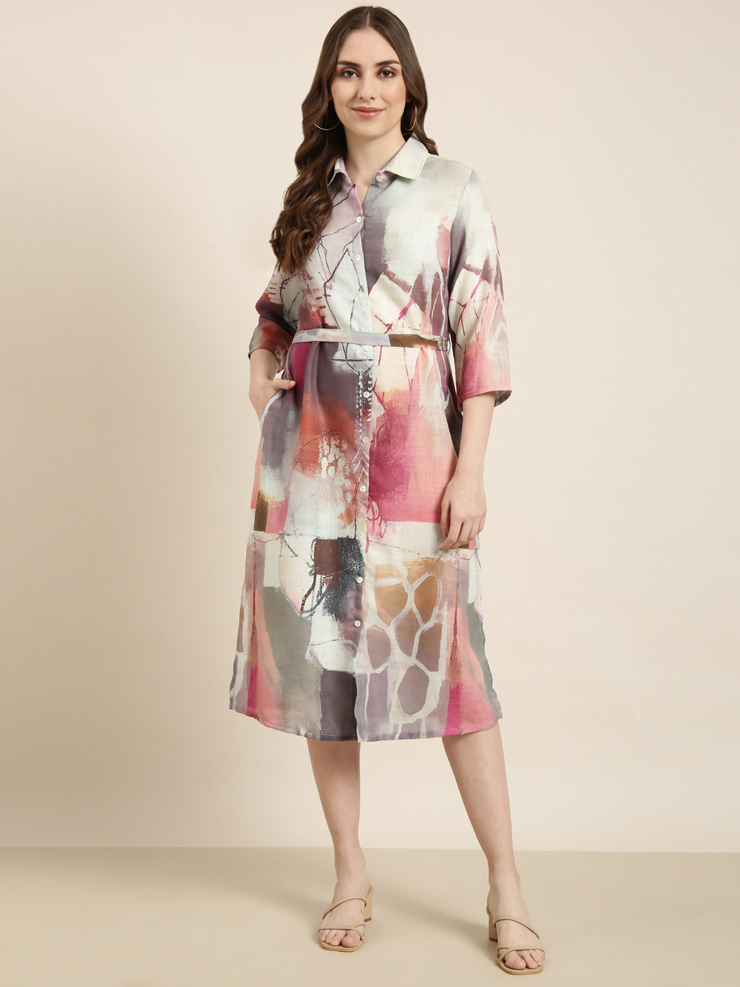 Women Sea Green Abstract Shirt Dress