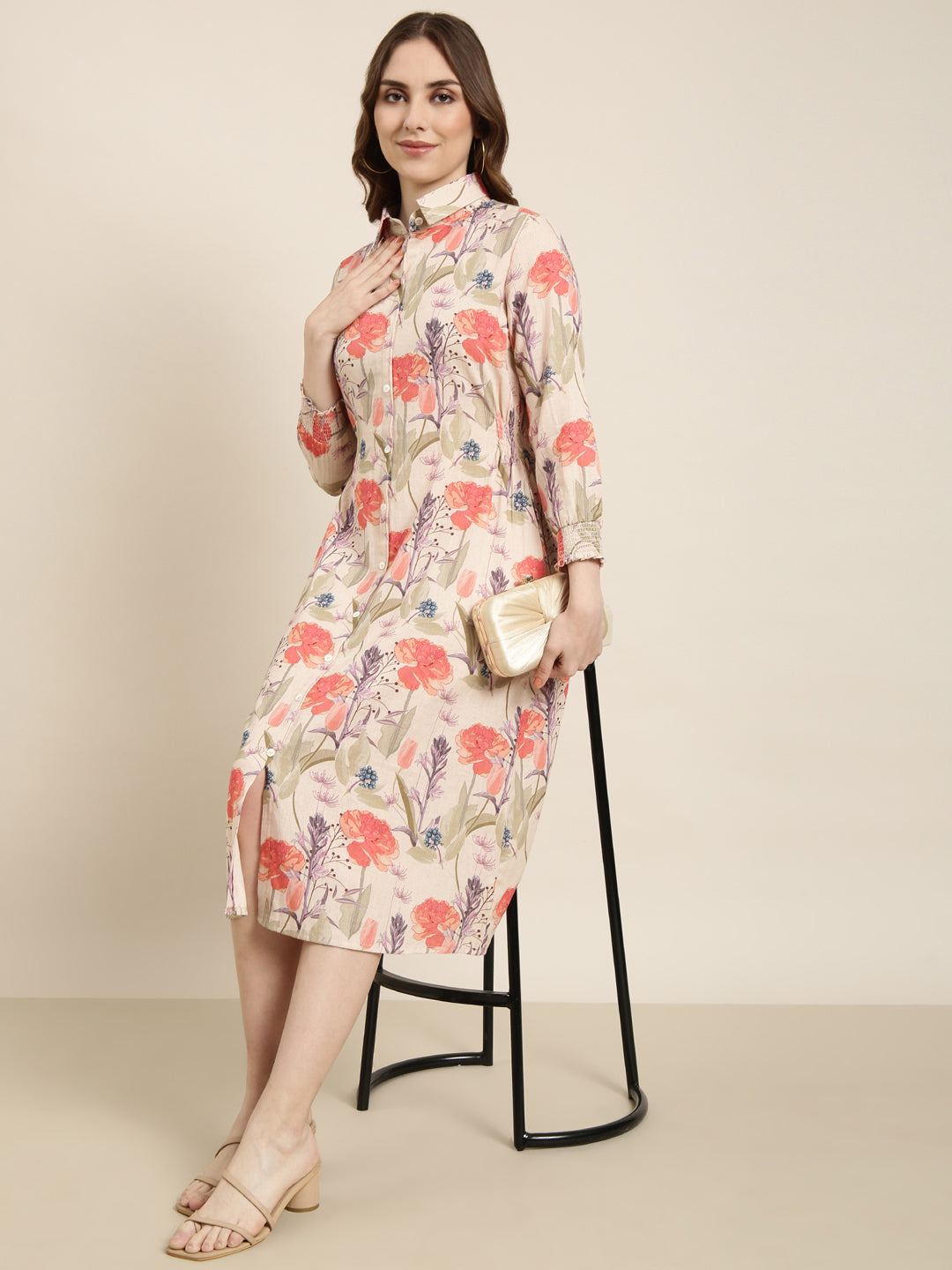 Women Beige Floral Shirt Dress