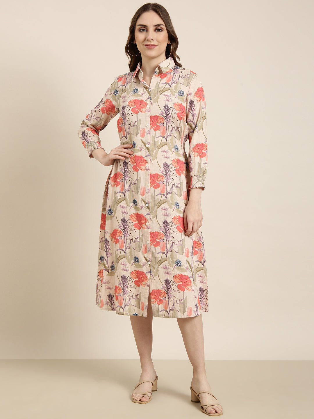 Women Beige Floral Shirt Dress