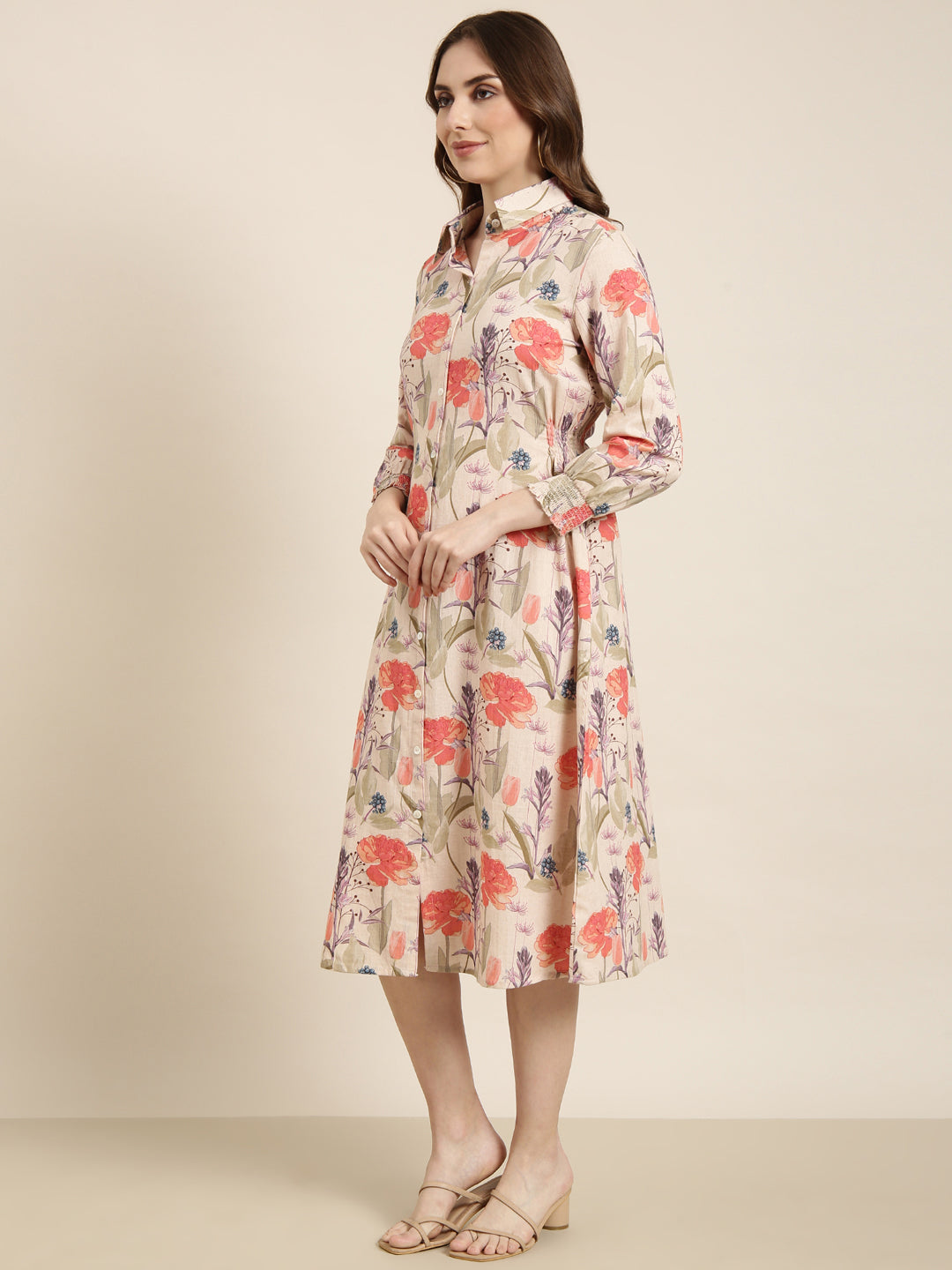 Women Beige Floral Shirt Dress